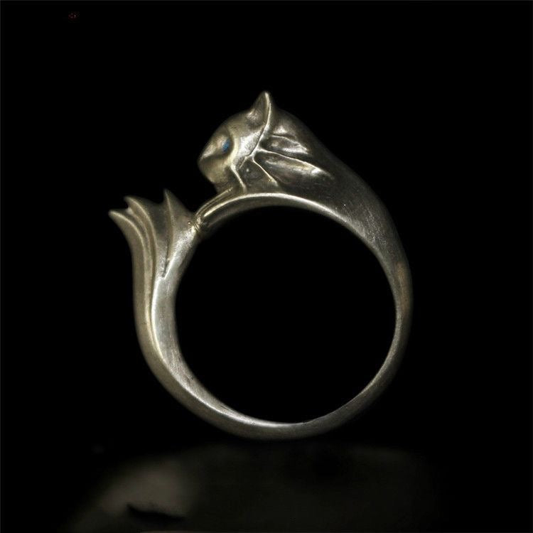 Vintage Cat Wrap Ring with Blue Crystal Eyes